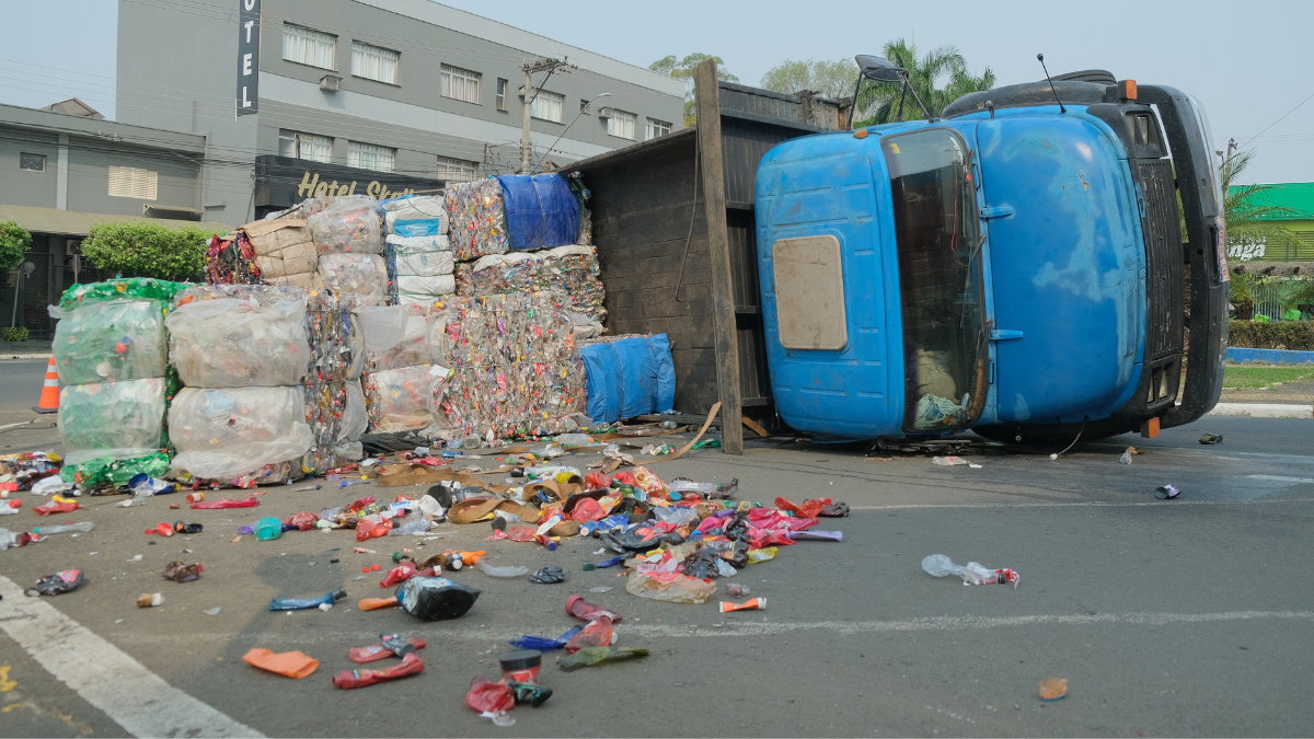 Caminhão de reciclagem tomba e bloqueia rotatória na entrada de Nova Odessa